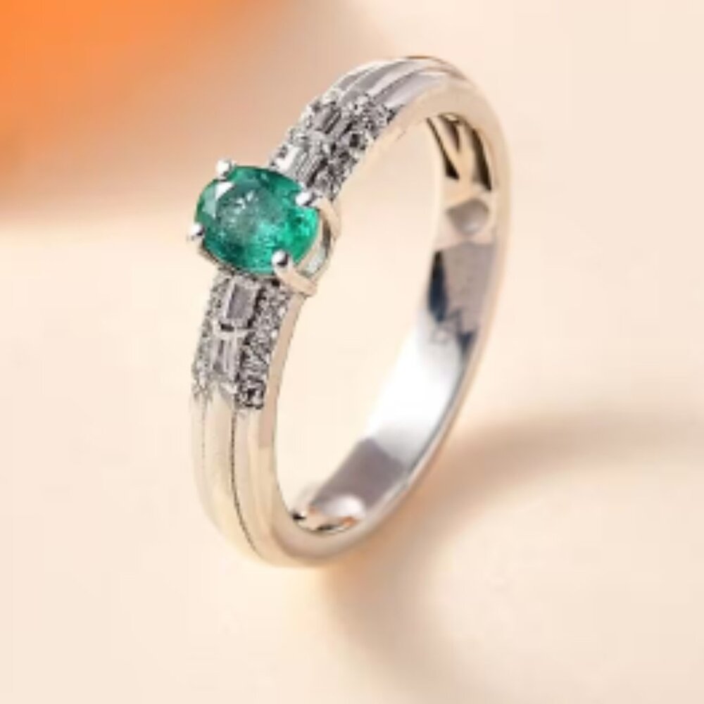 Genuine AAA Kagem Zambian Emerald and White Zircon Ring